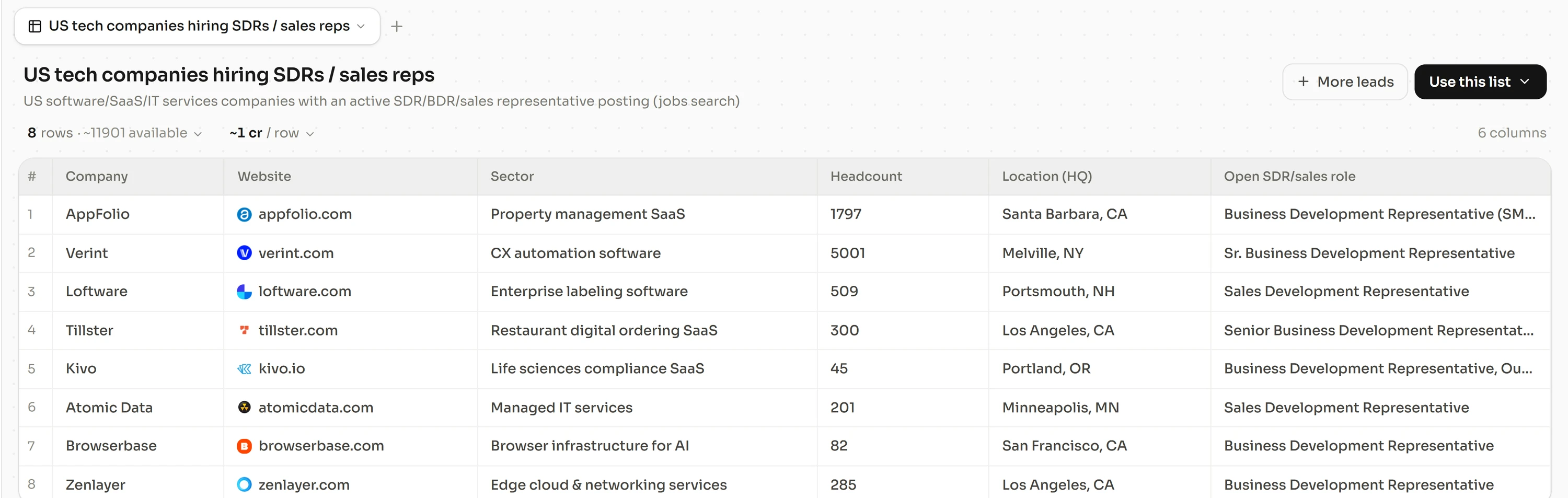 Companies currently hiring, each row with its opening line