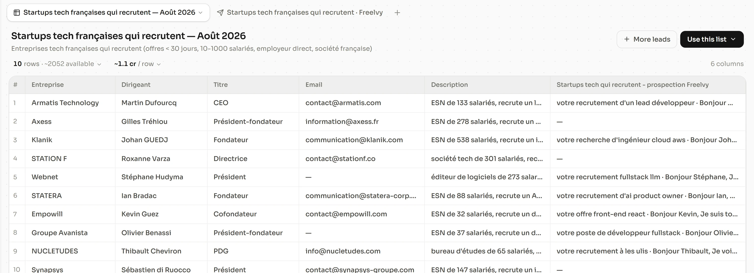 Une table enrichie avec secteur, effectif et localisation par ligne