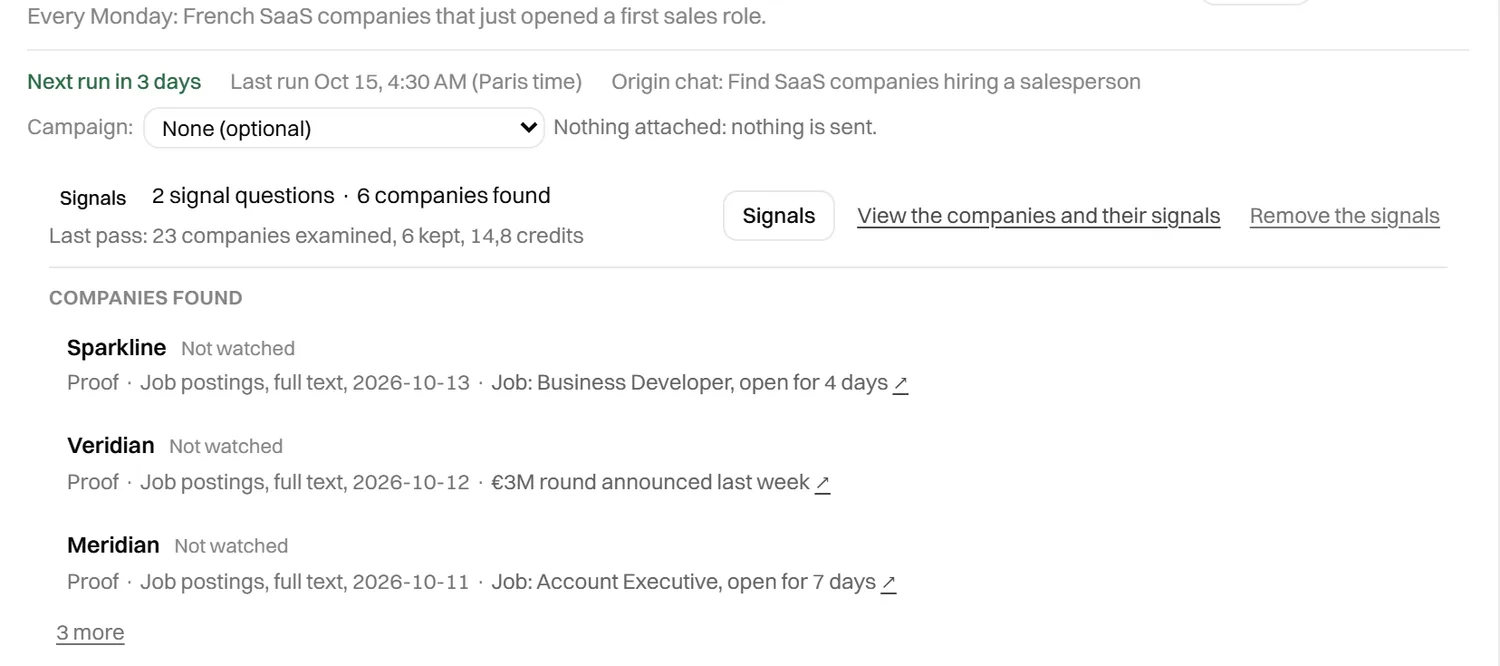 A signal-based prospect search with the companies it found and their proofs