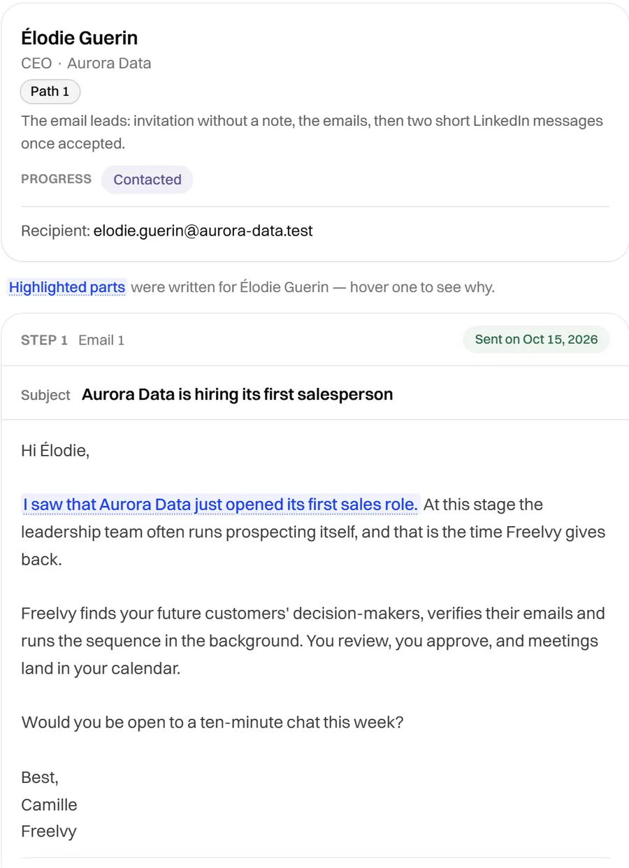 A generated email for one lead with the personalized sentence highlighted