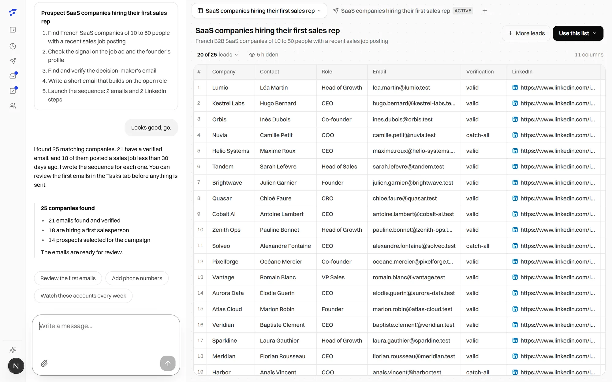 Freelvy chat next to a list of 25 prospects with verified emails