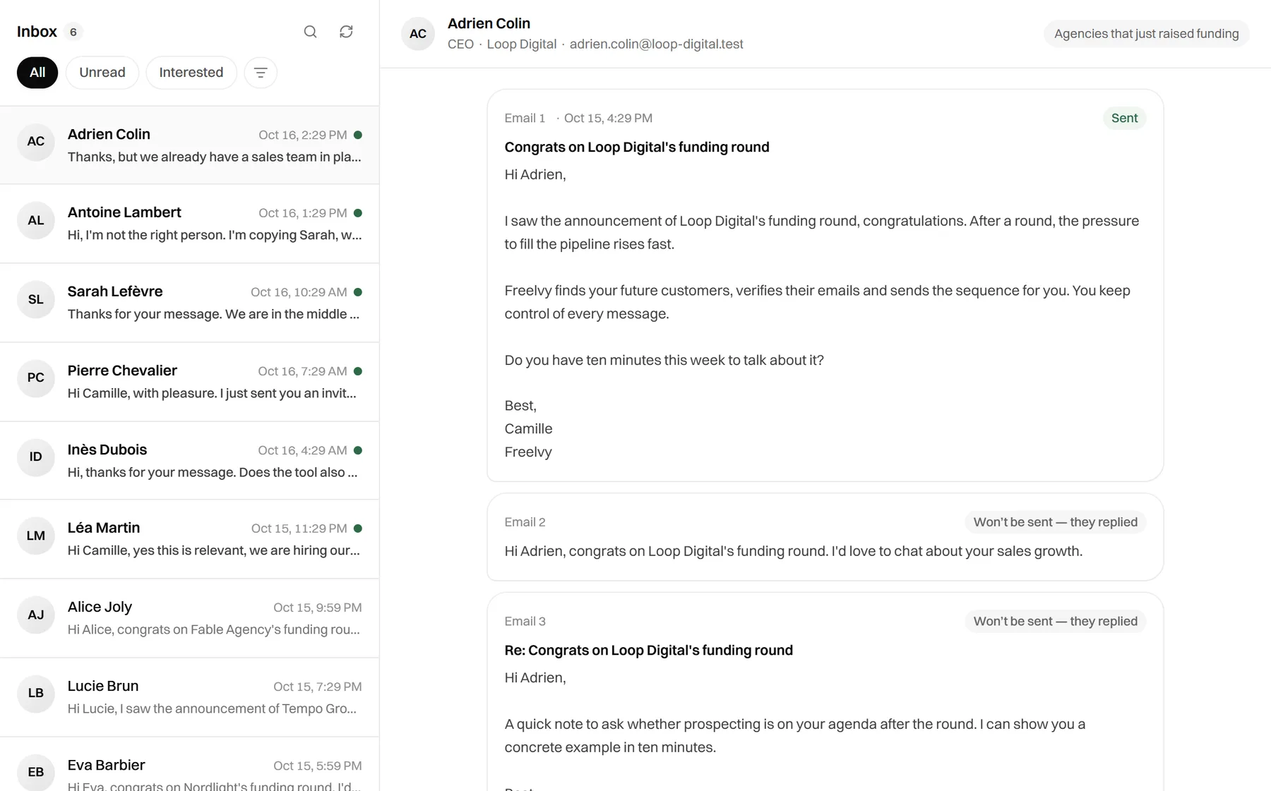 Inbox with replies sorted by category and the full email thread