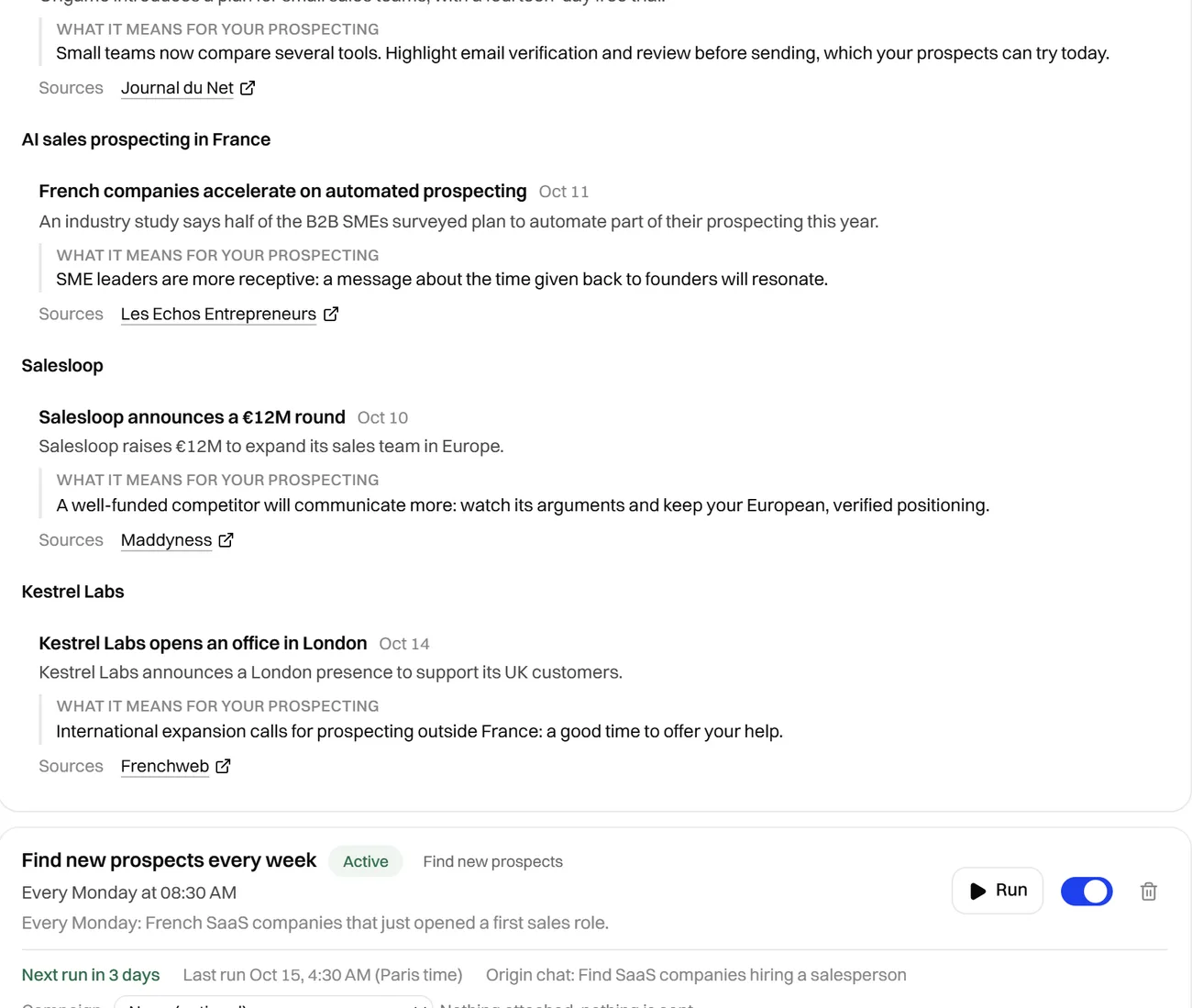 A market watch digest grouped by subject, with what each item means for prospecting