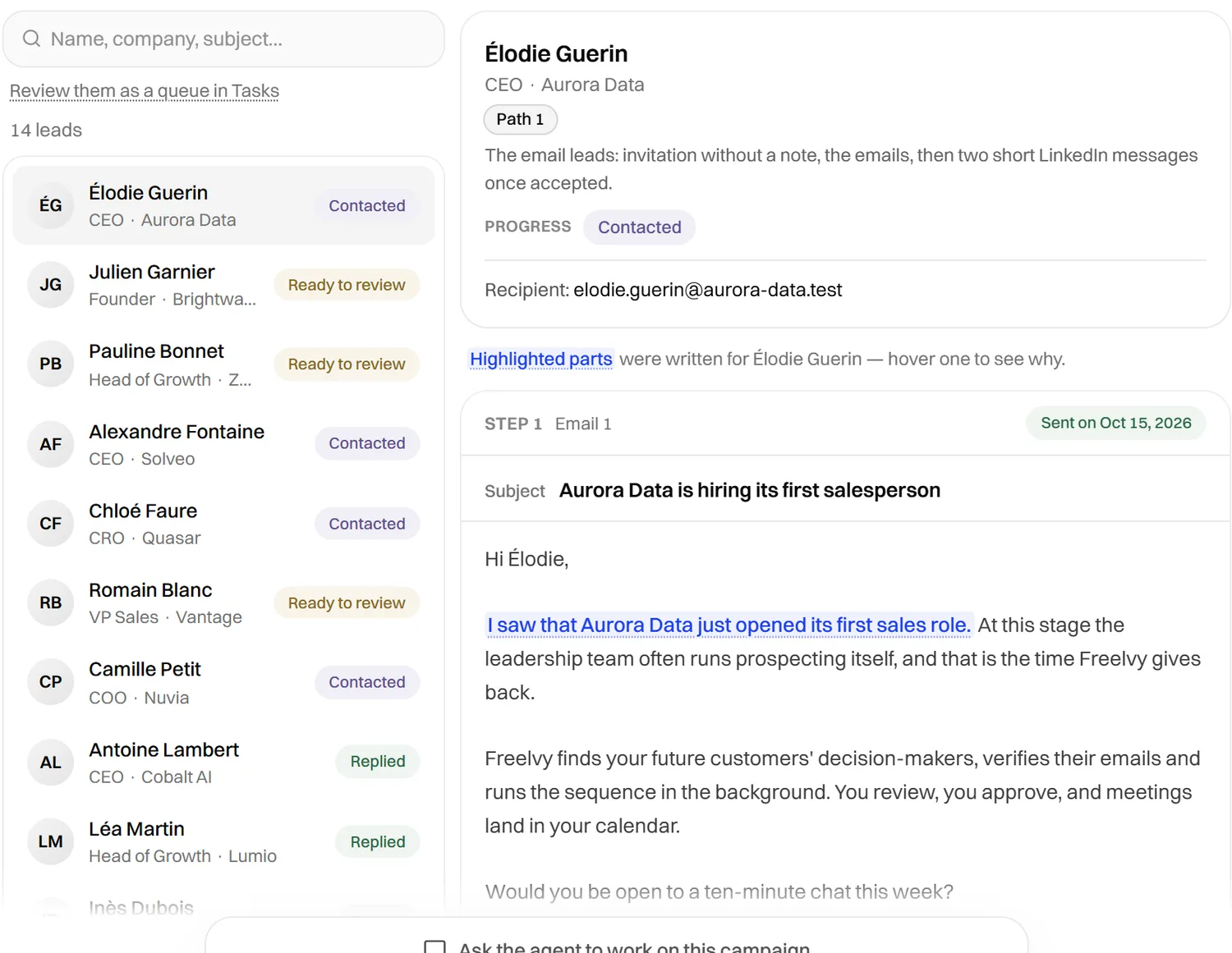Review screen: each lead's email before it is sent, with an Approve button