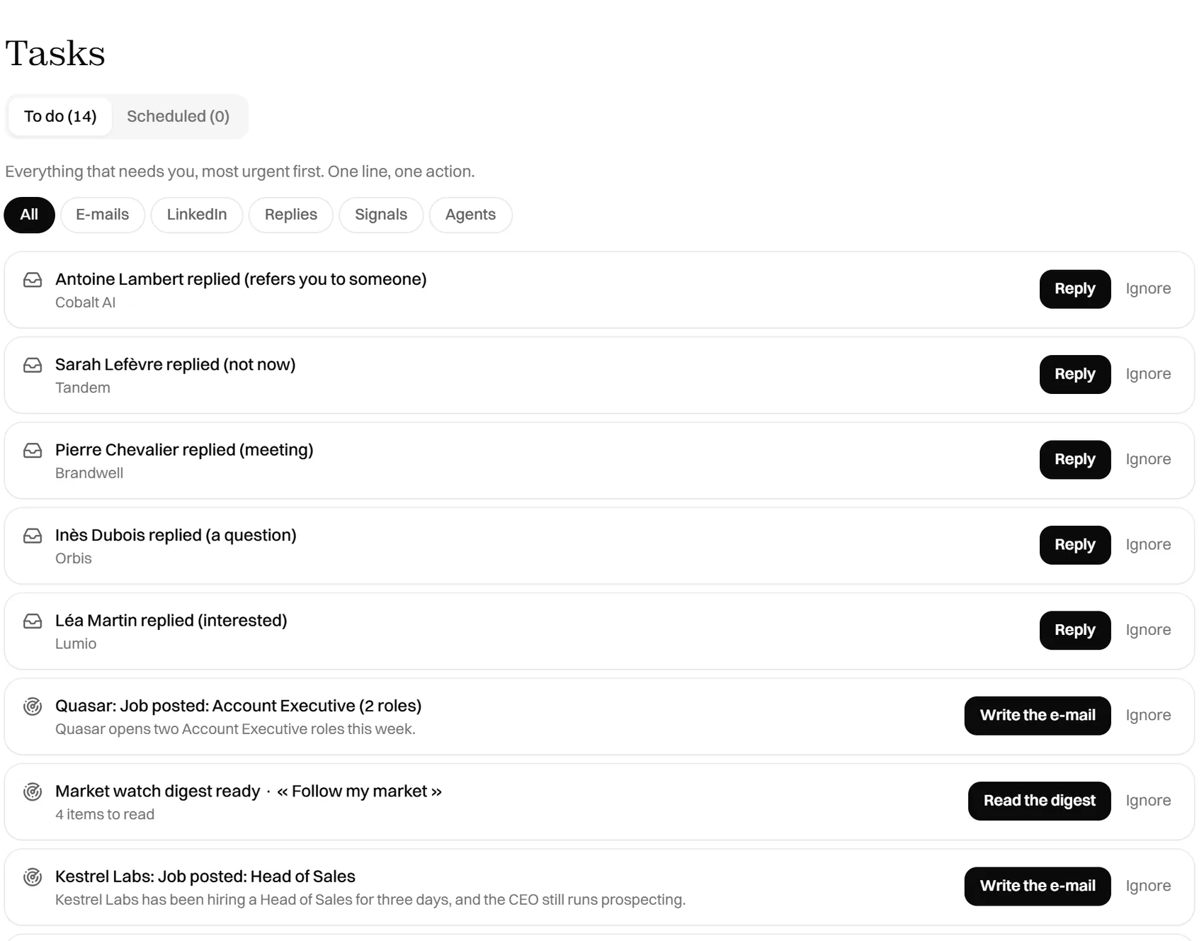 The Tasks list: replies to answer, signals to act on and digests to read