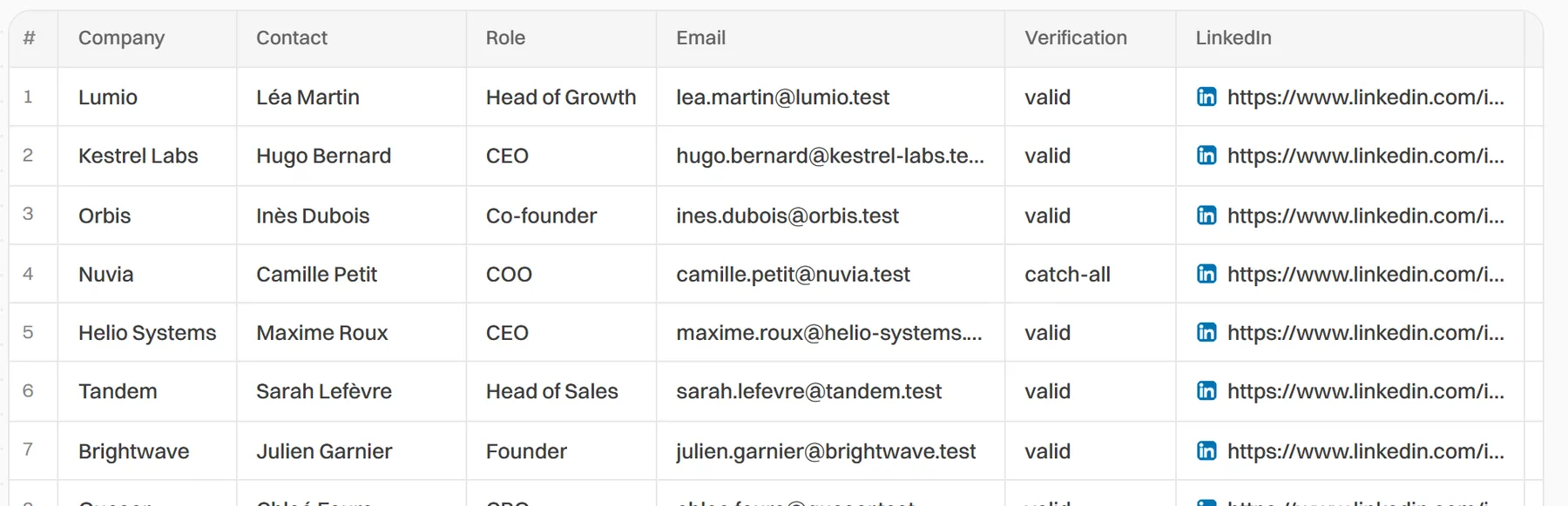 Leads table with company, role, email and verification columns