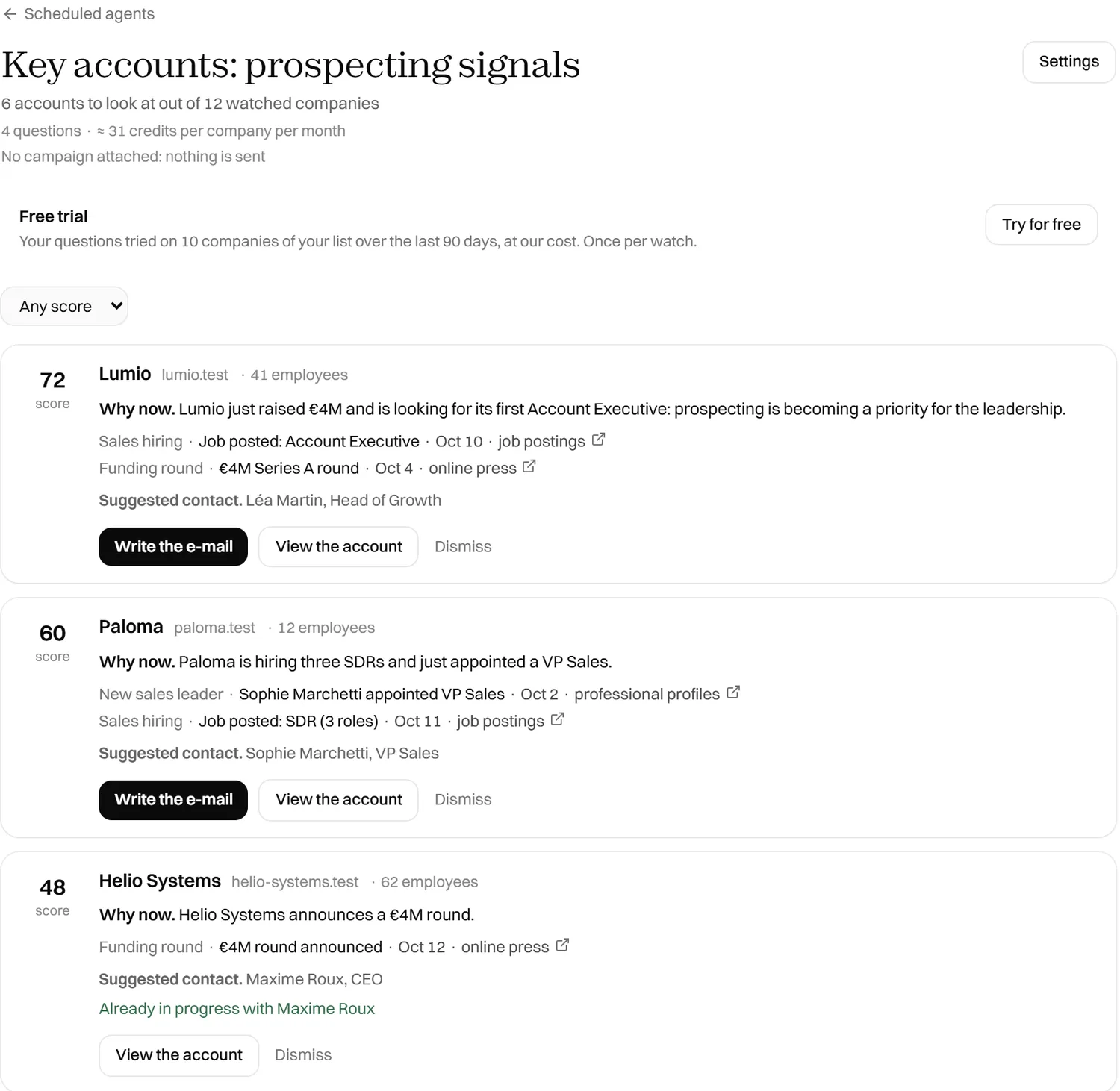 An account watch ranked by score, each account with the reason to reach out now