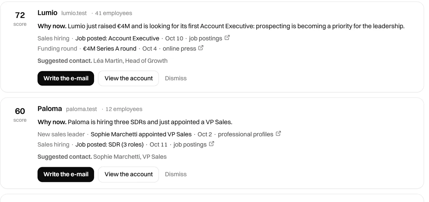 Account cards with a score, the reason to reach out now and the signal sources