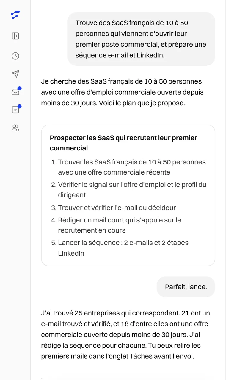 Une demande en langage naturel et le plan proposé par Freelvy