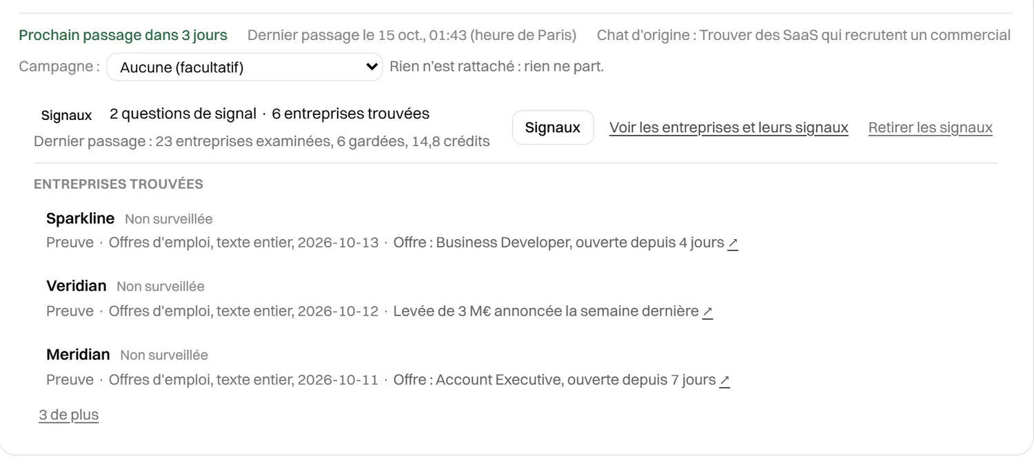Une recherche de prospects par signaux avec les entreprises trouvées et leurs preuves