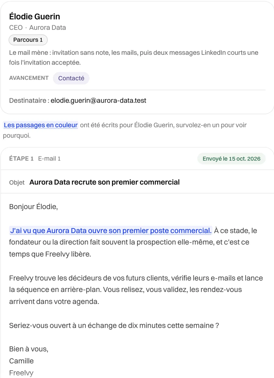 Un e-mail généré pour un prospect, avec la phrase personnalisée en surbrillance