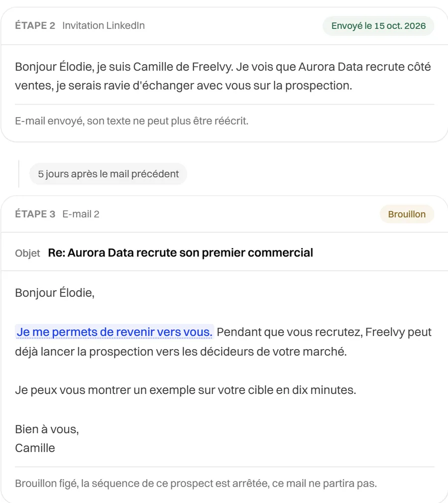 Une étape d'invitation LinkedIn suivie d'un e-mail de relance dans la même séquence