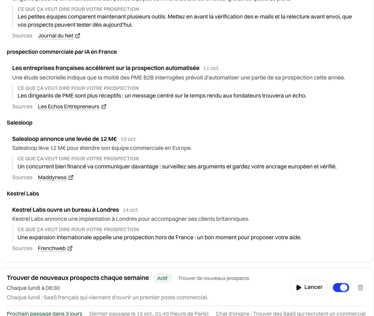 Une synthèse de veille de marché groupée par sujet, avec ce que chaque élément change pour la prospection